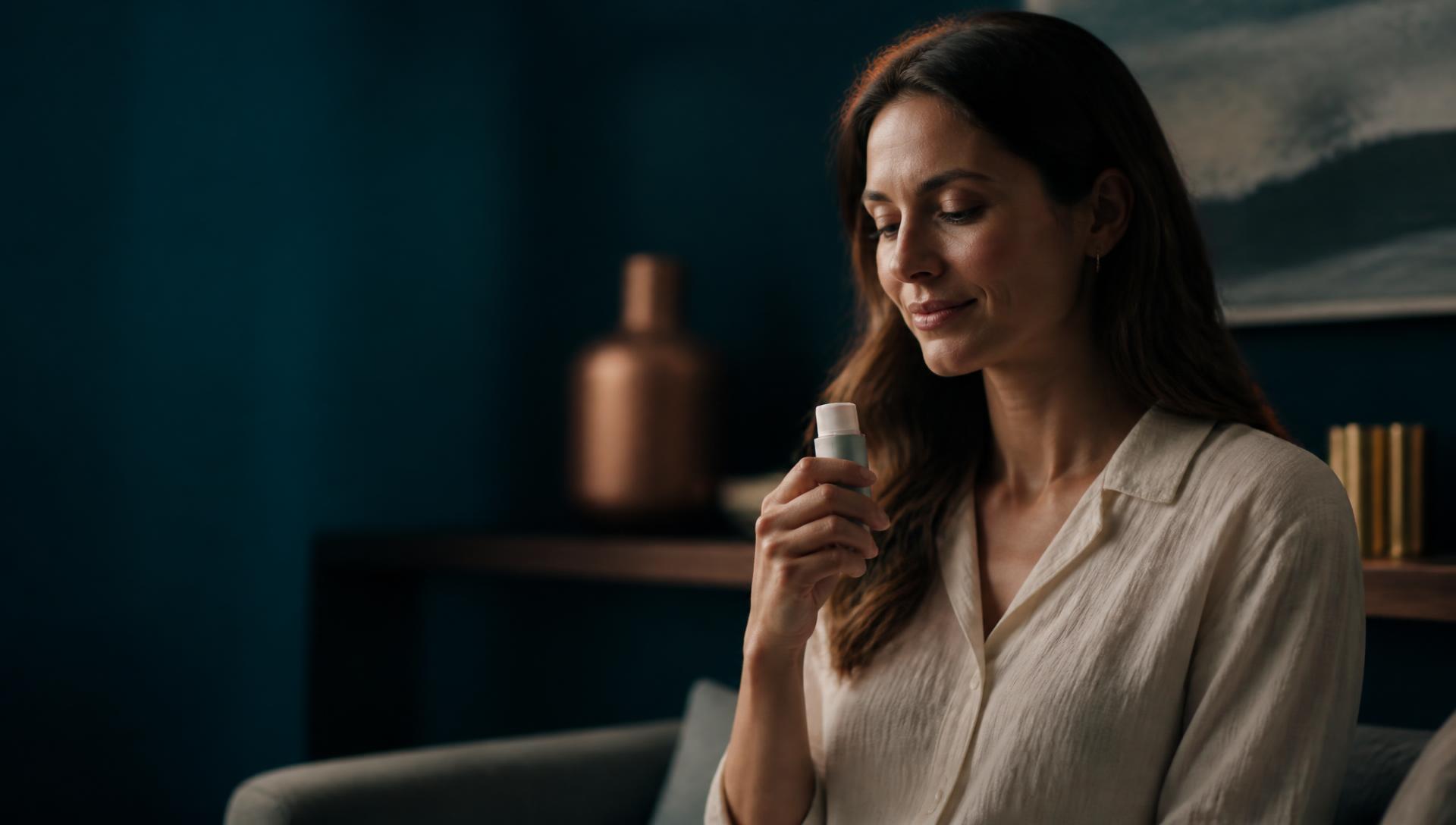 Adult seated in a warmly lit room holding a compact handheld respiratory device